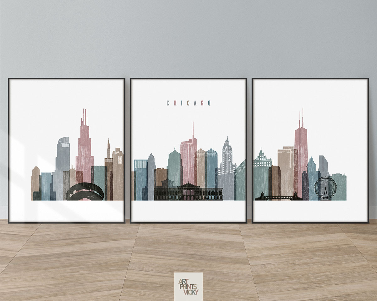 Chicago distressed 1 skyline set of 3 prints
