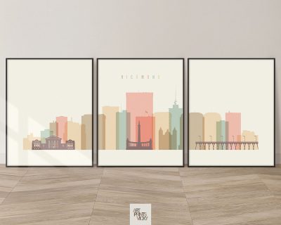 Richmond skyline set of 3 prints pastel cream