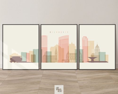 Milwaukee skyline set of 3 prints pastel cream