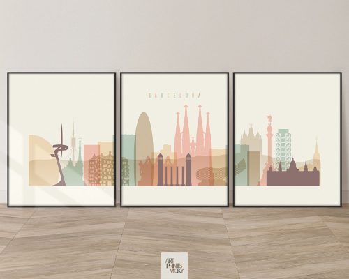 Barcelona cream pastel skyline set of 3 prints