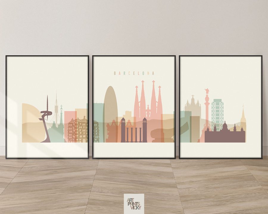 Upgrade Your Wall Gallery with Barcelona Cream Pastel Skyline Set of 3 ...