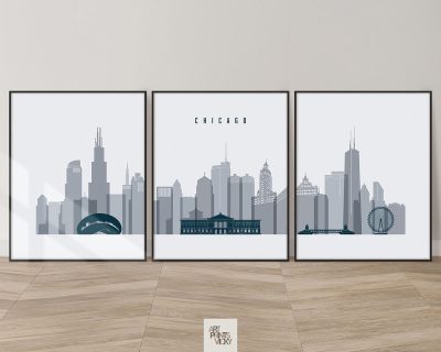 Chicago grey blue skyline set of 3 prints