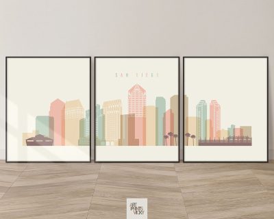 San Diego skyline set of 3 prints pastel cream