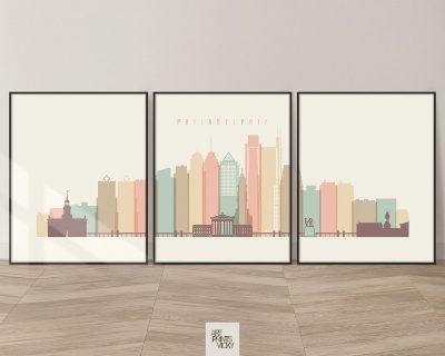 Philadelphia skyline set of 3 prints pastel cream