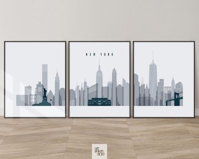 New York triptych wall art grey blue