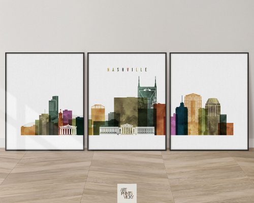 Nashville skyline 3 prints set watercolor