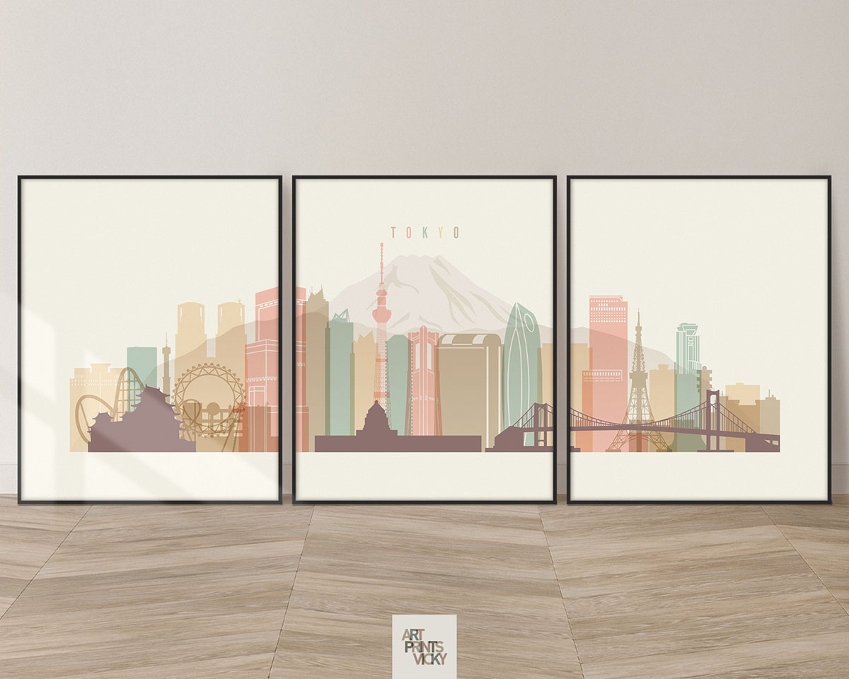 Tokyo set of 3 prints skyline pastel cream