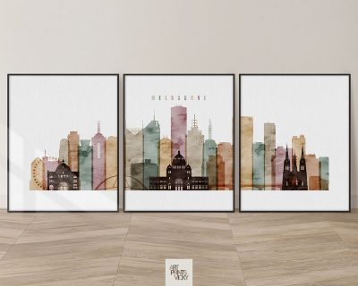 Melbourne skyline triptych in watercolor 1
