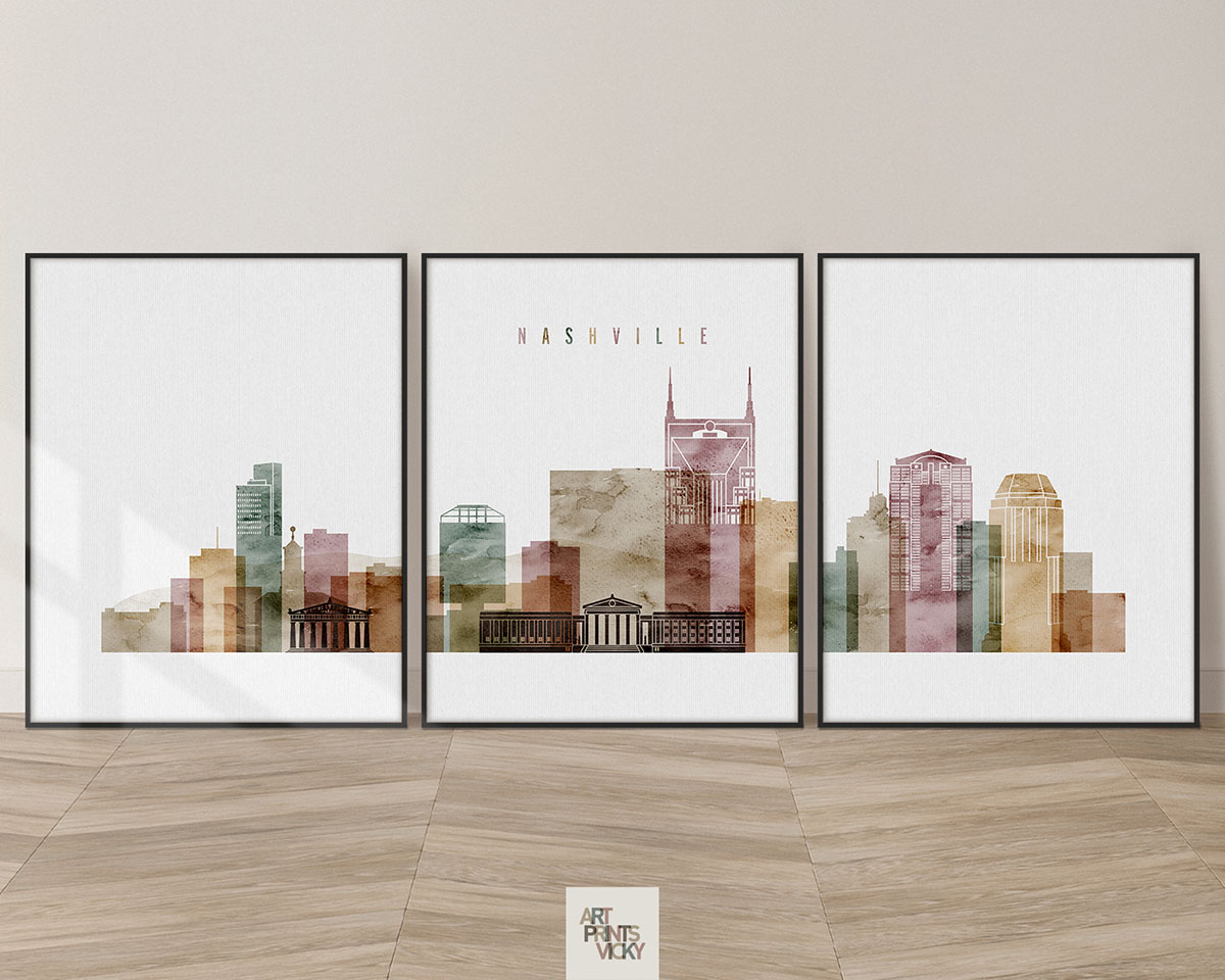 Nashville set of 3 prints skyline watercolor 1