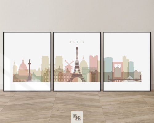 Paris Skyline Pastel White 3 Prints Set