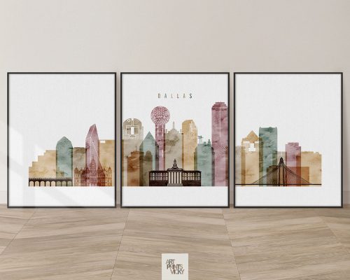 Dallas watercolor 1 skyline set of 3 prints