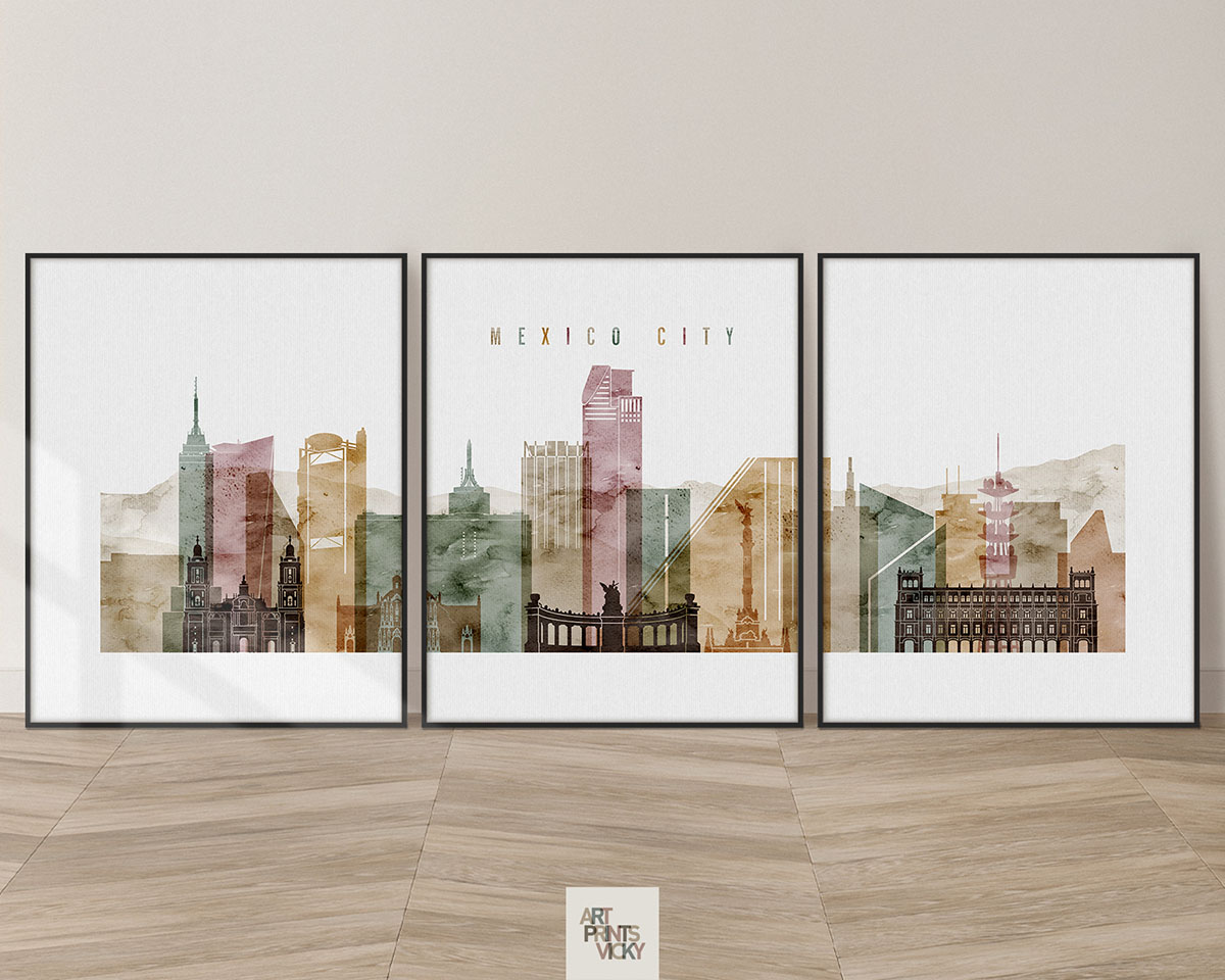 Mexico city skyline triptych in watercolor 1