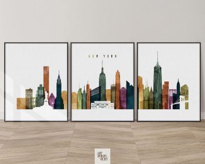New York skyline set of 3 prints watercolor 3
