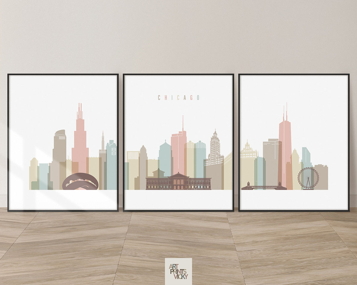 Chicago skyline 3 print set in pastel white
