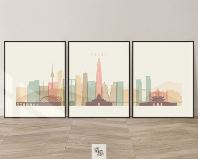 Seoul Skyline in Set of 3 Prints Pastel Cream