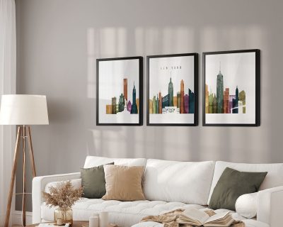 New York skyline set of 3 prints watercolor 3 second