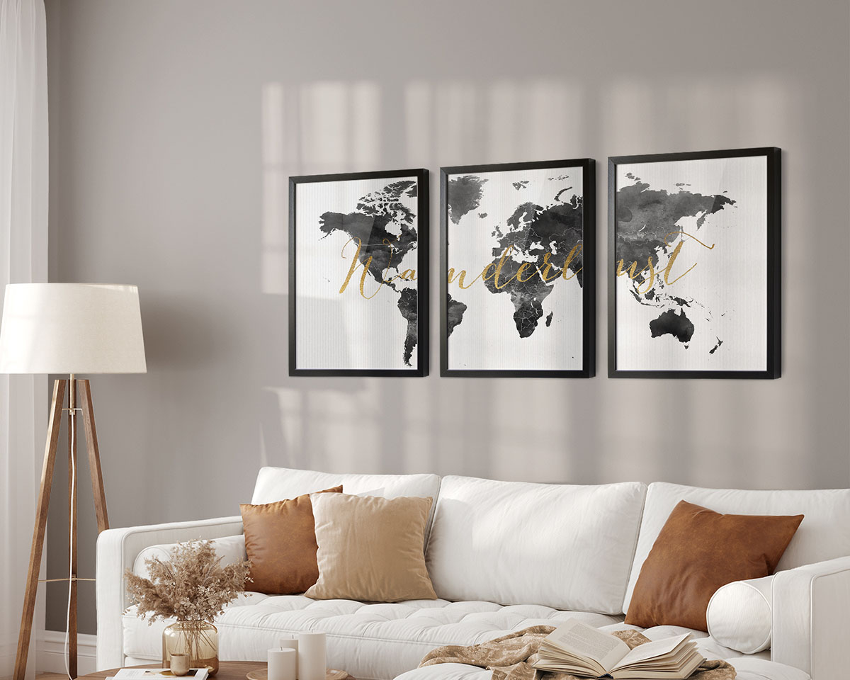 World map wanderlust black white set of 3 prints second