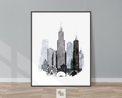 Chicago skyline drawing print in cool tones