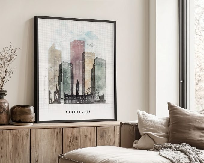 Manchester minimalist skyline wall art poster in warm urban watercolors featuring city’s iconic landmarks. Available in 18 color schemes framed, unframed or canvas by ArtPrintsVicky.