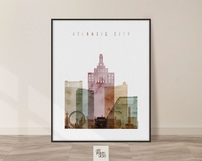 Art print featuring a stylized illustration of Atlantic City buildings and landmarks.