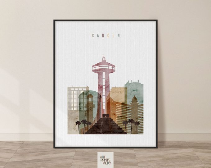 Art print featuring a stylized cityscape of Cancun with a prominent tower and buildings in soft colors.