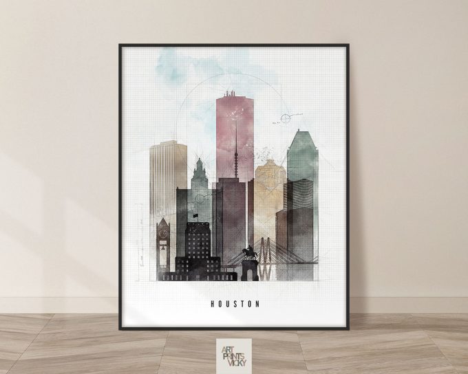 Art print of Houston skyline featuring various buildings in a stylized design.