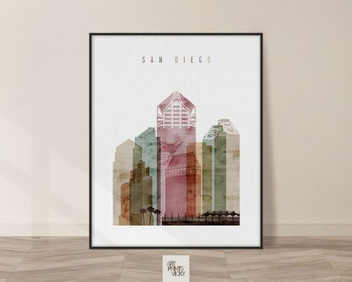 San Diego skyline poster watercolor 1