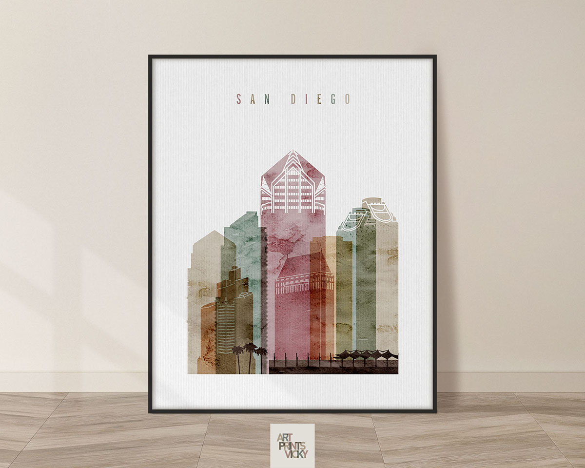 San Diego skyline poster watercolor 1