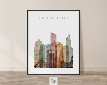 Art print featuring a stylized cityscape of Buenos Aires with various building silhouettes.