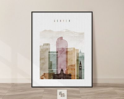 Denver skyline art watercolor 1