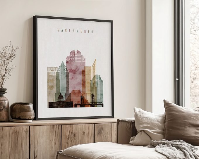 Art print of Sacramento cityscape featuring various buildings in soft colors and a minimalist design.