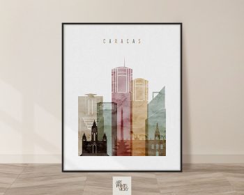 Art print featuring a stylized skyline of Caracas with various building silhouettes in muted colors.