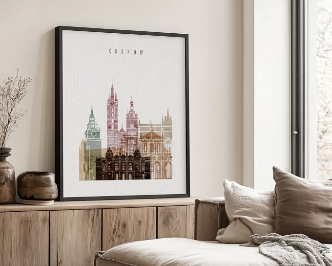 Art print of Krakow's cityscape featuring various architectural styles in muted colors.