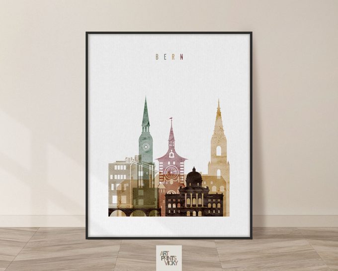 Art print featuring a stylized cityscape of Bern with notable buildings and a light color palette.
