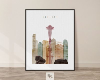 Seattle skyline art watercolor 1