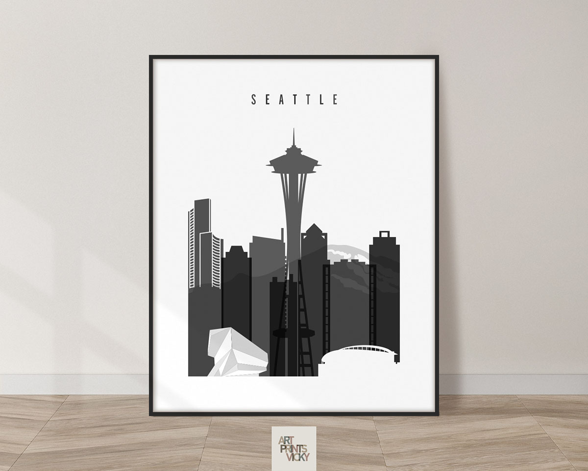 Seattle skyline black and white art