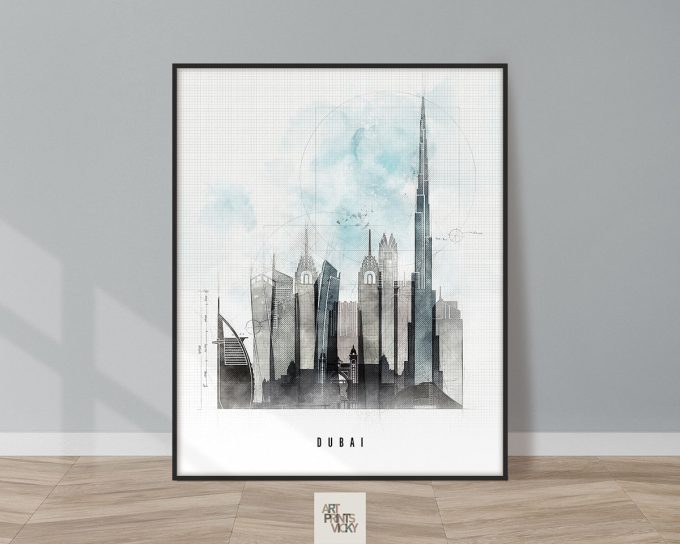 Art print of Dubai skyline featuring the Burj Khalifa and other buildings in a minimalist style.