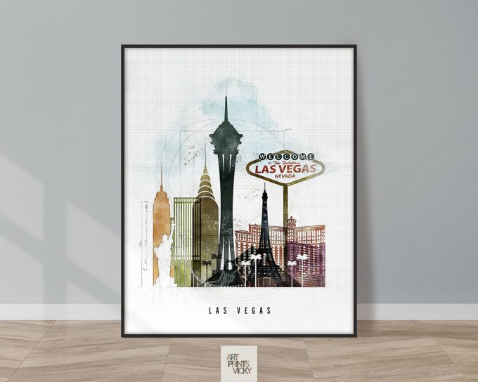 Artistic representation of Las Vegas featuring iconic buildings and landmarks.