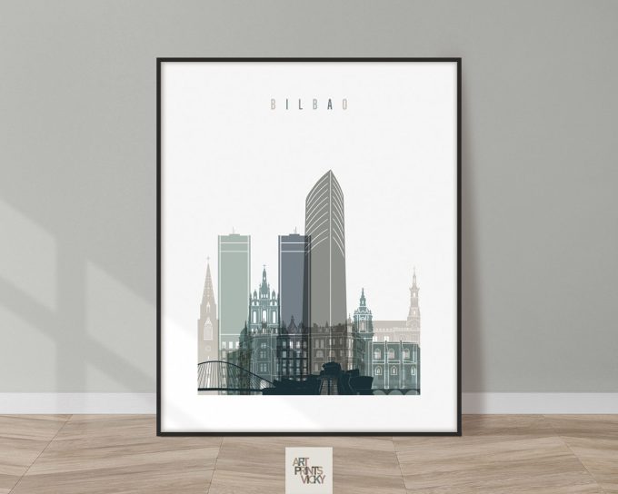 Illustration of the cityscape of Bilbao featuring modern and historic buildings in a framed design.
