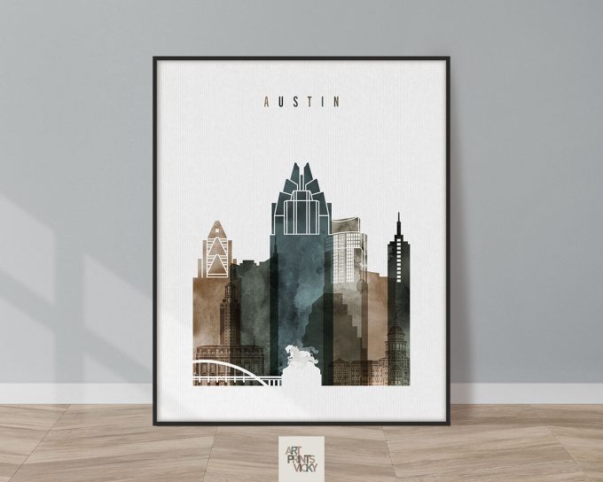 Art print of the Austin city skyline featuring various buildings and structures in muted colors.