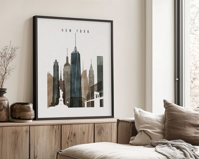 Framed art print of the New York City skyline featuring iconic buildings and landmarks.