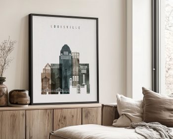 Art print featuring a stylized skyline of Louisville with various building silhouettes.