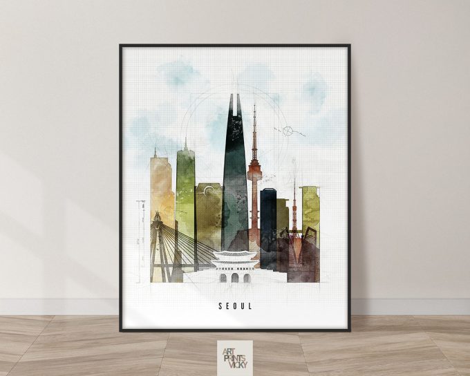 Art print of a cityscape featuring various buildings and landmarks in Seoul, South Korea.