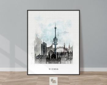 Art print featuring a stylized cityscape of Vienna with notable landmarks and a light blue background.