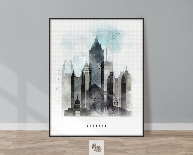 Art print featuring a stylized skyline of Atlanta with various building shapes and a light blue background.