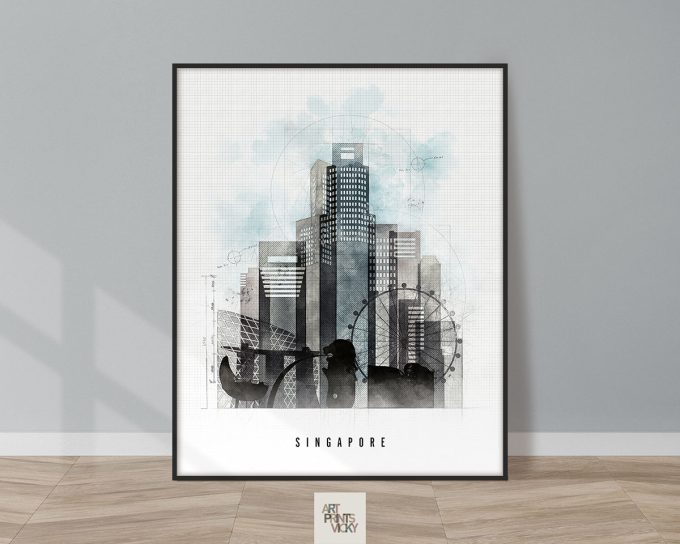 Framed artwork depicting a watercolor cityscape of Singapore with modern buildings and abstract elements.