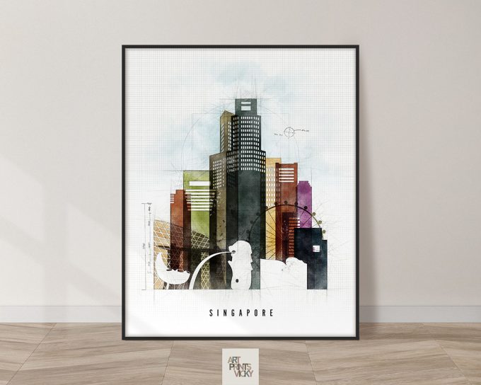 Art print depicting a stylized cityscape of Singapore with buildings and abstract elements.