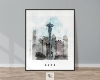 Artistic representation of Seattle with the Space Needle and city skyline in a watercolor style.