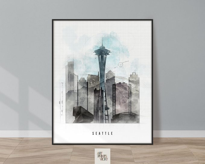 Artistic representation of Seattle with the Space Needle and city skyline in a watercolor style.