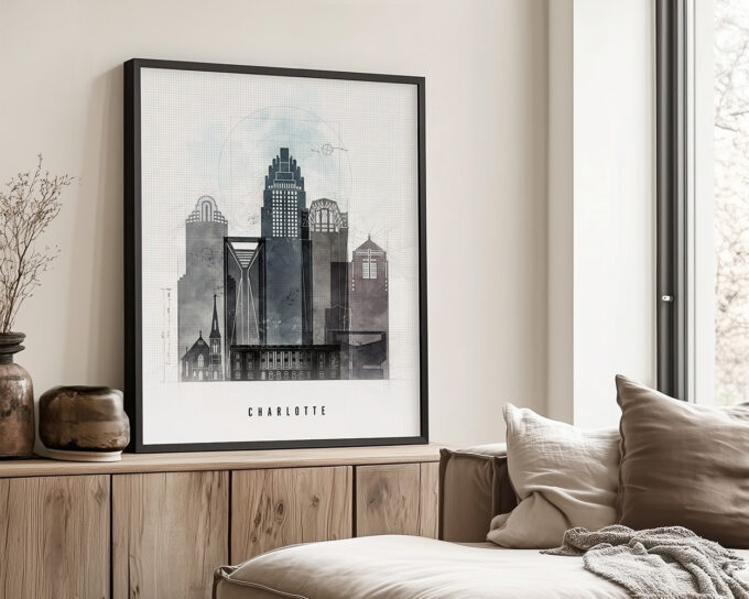Art print of the Charlotte city skyline featuring various buildings in a monochromatic style.